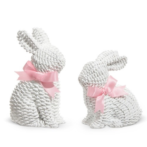 WHITE WOVEN BUNNIES WITH BOWS Set of 2