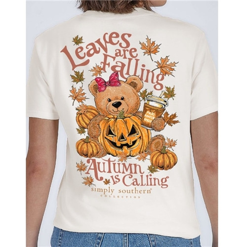 Youth Leaves Are Falling Autumn Is Calling Teddy Bear Short Sleeve Tee by Simply Southern