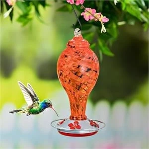 Pollinator Garden Bird Feeder, Red Speckled Art Glass Glass Hummingbird Feeder with Bronze Gondola