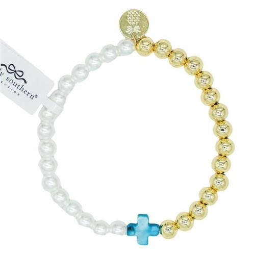 Simply Southern Faith Bracelet- Pearl and Gold w/Single Blue Cross