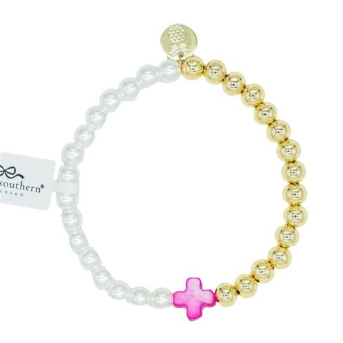 Simply Southern Faith Bracelet- Pearl and Gold w/Single Pink Cross