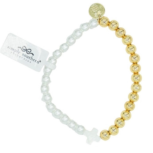 Simply Southern Faith Bracelet- Pearl and Gold w/Single White Cross