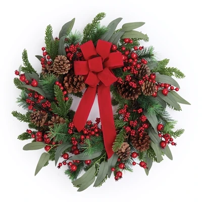 Pine/Berry/Cone Wreath w/Ribbon 24”D Plastic (Fresh Touch)