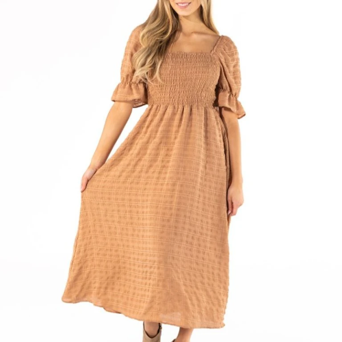 Simply Southern Puff Sleeve Mocha Smocked Dress