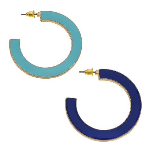 Mika Reversible Hoop Earrings Aqua & Navy Enamel