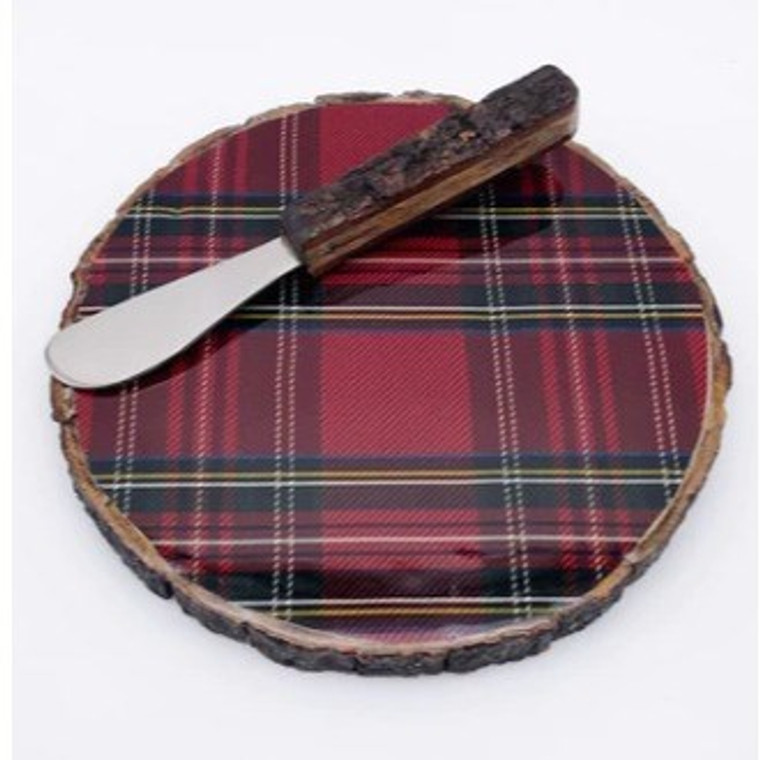 Round Red Plaid Cheeseboard with Spreader