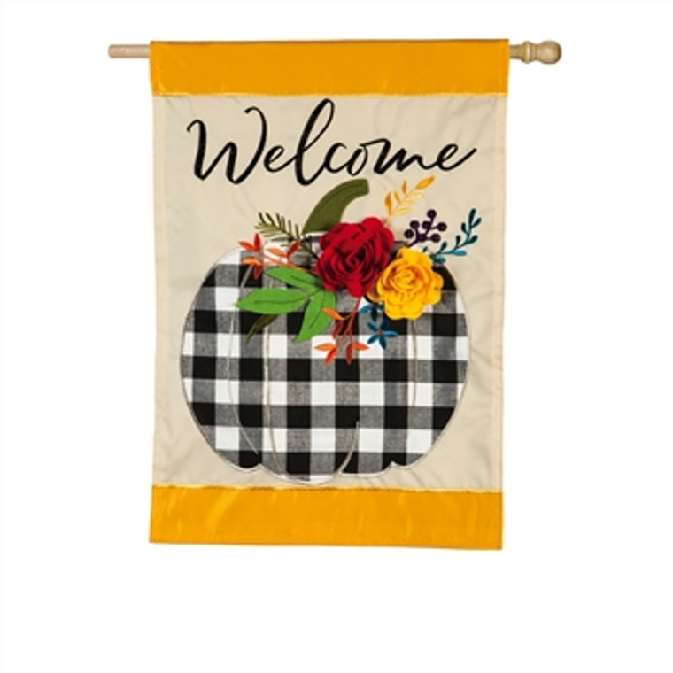 Welcome Floral Plaid Pumpkin House Applique Flag