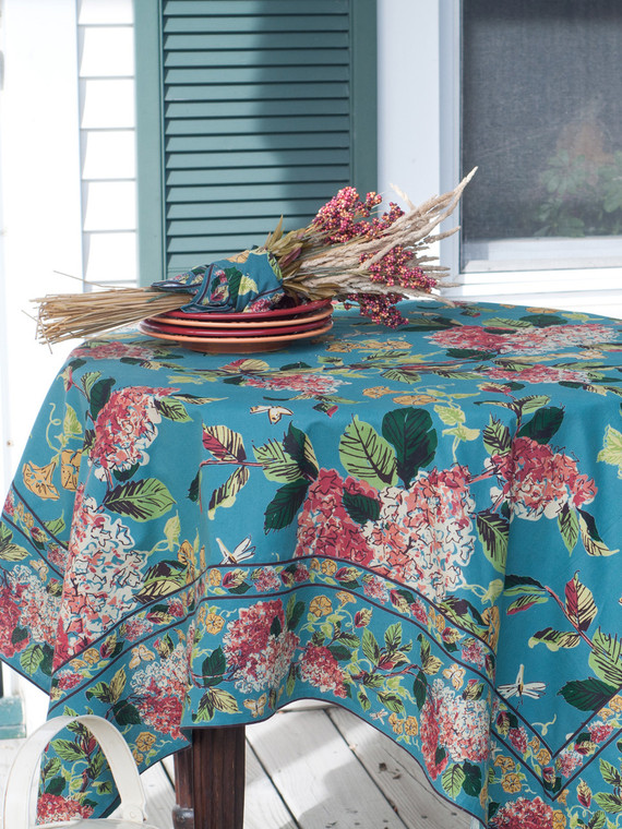 Harriets Hydrangea Teal Tablecloth by April Cornell