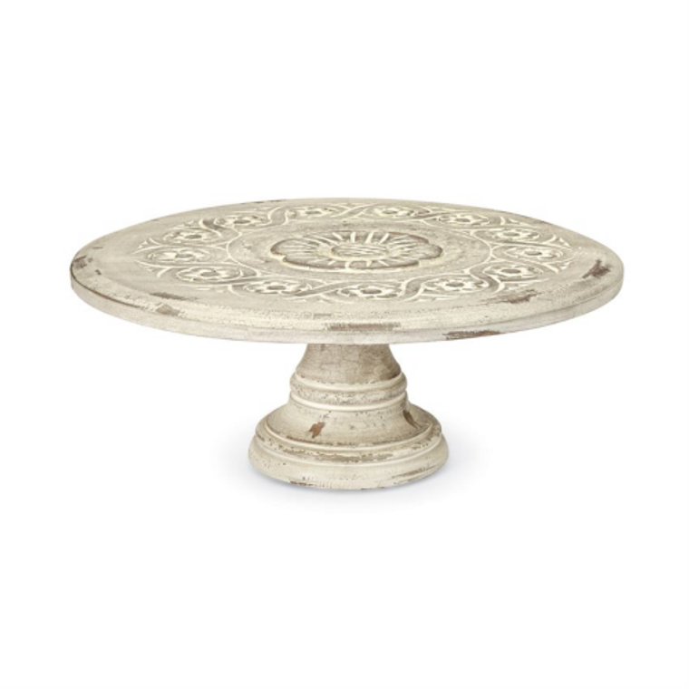Floral Motif Carved Wood Cake Stand