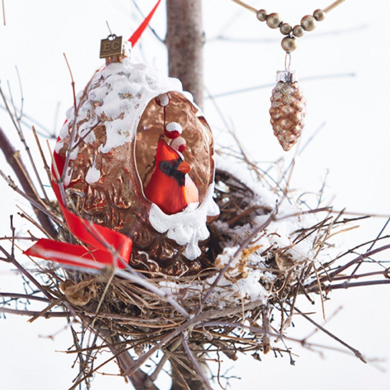 5" Cardinal in Pinecone Glass Ornament Eric Cortina Collection