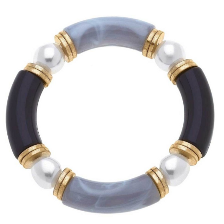 Lelani Resin Color - Block & Glass Pearl Stretch Bracelet in Grey Black