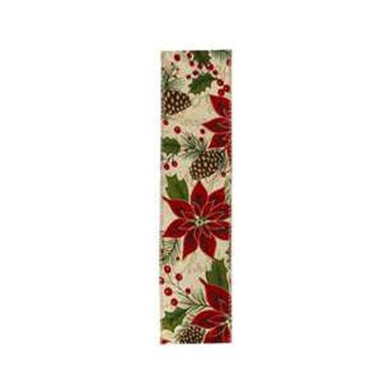 Poinsettia and Pine Cones Natural Ribbon 2 1/2 Inches wide