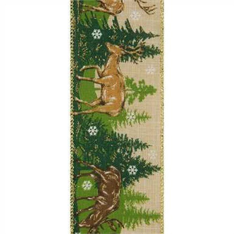 Deer with Greenery on Burlap Ribbon 2 1/2 inch