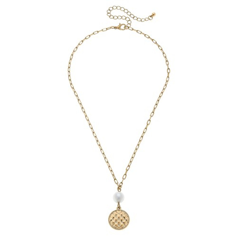 Gold 16"  Andee Pearl & Quilted Metal Disc Charm Necklace