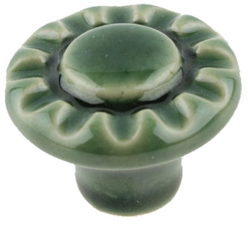 Ceramic Knob - Glossy Forest Green Flower 1-1/2"