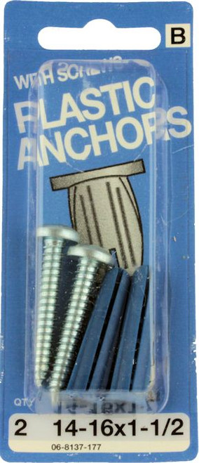 Plastic Anchors with Screws, 14-16x1-1/2, 2 Pack H-06-8137-177