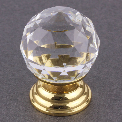 Cut Crystal Clear Glass Knob w/ 24k Gold Plated Base 1-3/16"