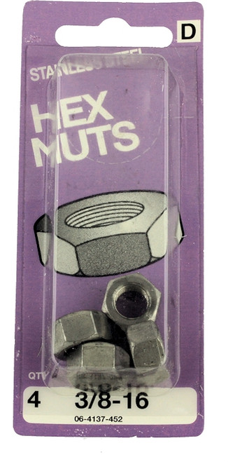 3/8-16 Stainless Steel Hex Nuts - 4 Pack