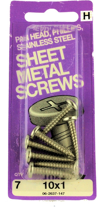 #10 x 1" Pan Head Phillips Sheet Metal Screws - 7 Pack H-06-2637-147