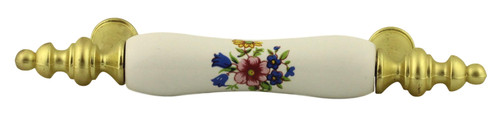 Bright Brass And White With Flowers Ceramic Drawer handle - 3" LQ-P50032C-PBW-C
