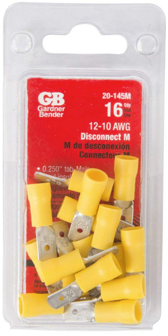 16-PAK  Male 1/4" (0.250") Tab Disconnects - Yellow 12-10 AWG