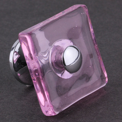 Pink Square Glass Knob - Chrome Base 35mm