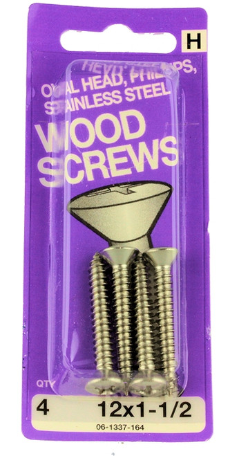 #12 x 1-1/2" Oval Head Phillips Wood Screws - 4 Pack H-06-1337-164