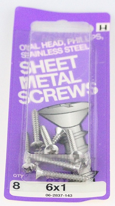 Stainless Oval Head Phillips Sheet Metal Screw - 6 x 1" - 8 Pack H-06-2837-143