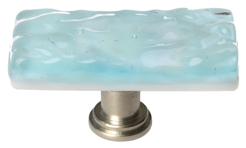 Skinny Glacier light aqua long knob with satin nickel base