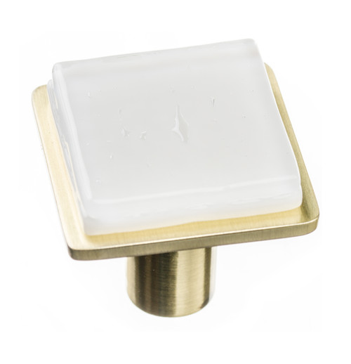 Geometric square white on square satin brass knob