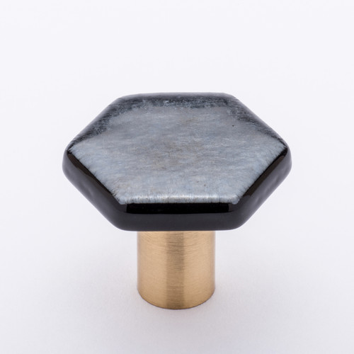 Hexagon irid silver black knob with satin brass base