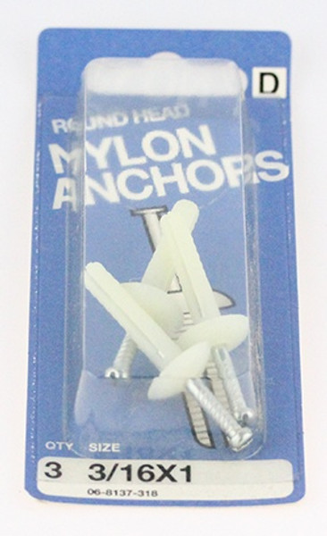 Round Head Nylon Anchors - 3/16 x 1" - 3 Pack H-06-8137-318