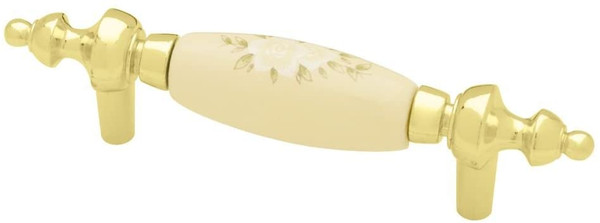 Brass Plated handle w/ Ivory Floral Ceramic Center 3" (P95722)