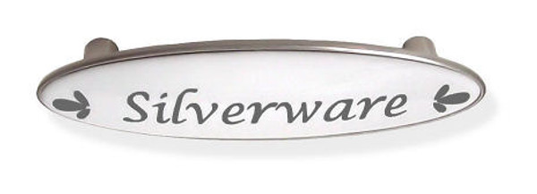 "Silverware"  Drawer handle - Designer's Blue-Gray Script on White -Satin Nickel 3" LQ-PBF607Y-B-C