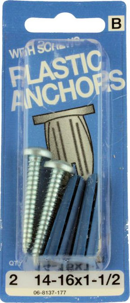 Plastic Anchors with Screws, 14-16x1-1/2, 2 Pack H-06-8137-177