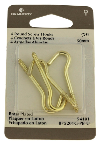 Pack of 4 Screw Hooks 2" Long Brass Plated 54101