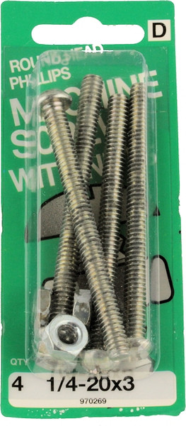 1/4-20 x 3 Round Head Phillips Machine Screws with Nuts - 4 Pack