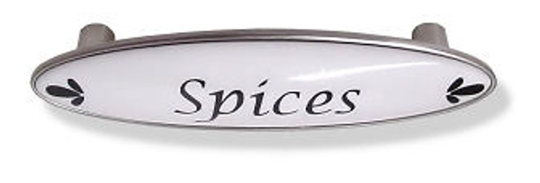 "Spices" handle  Black Lettering - Ceramic & Satin Nickel - 3" LQ-PBF600Y-BL-C