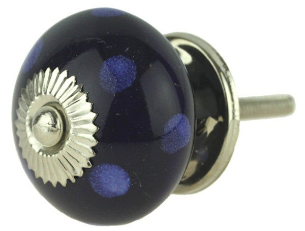 Navy Blue w/ Light Blue Dots Ceramic Knob - 1 1/2"