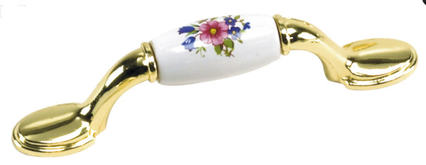 Brass Plated handle With A White Acrylic  Pink And Blue Flowers 3" C-C AM-245FWP