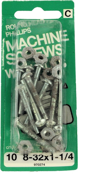 8-32 x 1-1/4" Round Head Machine Screws with Nuts - 10 Pack