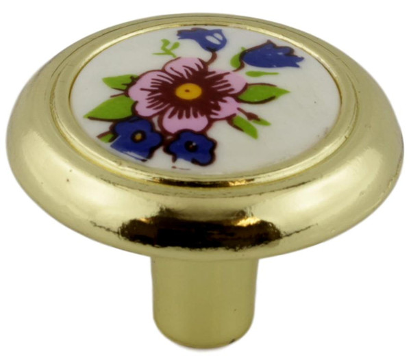 Bright Brass 1-1/4" Diam. Knob White Ceramic & Flowers AM-244FWP