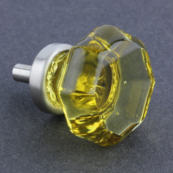 Amber Cut Glass Knob - Octagon w/ Brushed Nickel 36mm