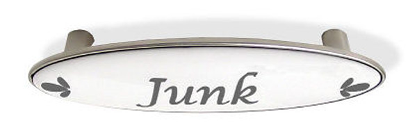 "Junk" Drawer handle - Designer's Blue-Gray Script on White -Satin Nickel