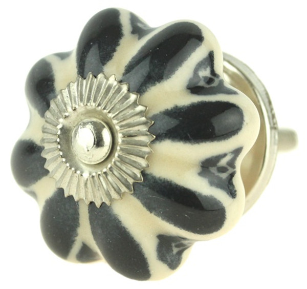 White Ceramic Knob w/ Black Design - 1 3/4"