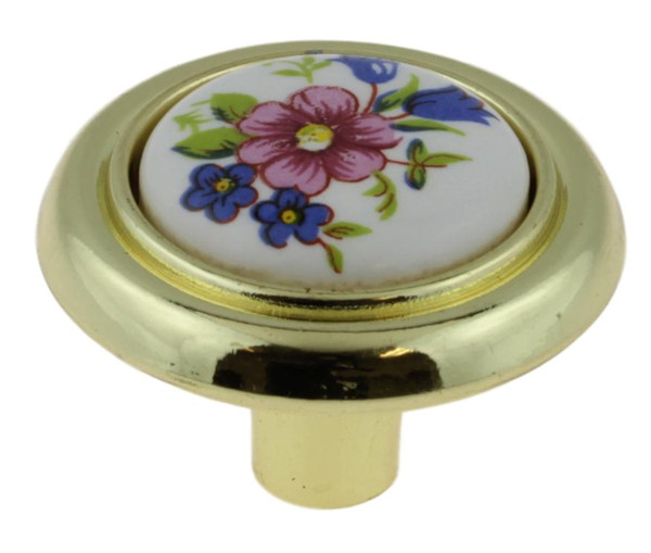 Polished Brass & White Ceramic With Flowers Knob 1-1/4" LQ-P50082V-PBW-C