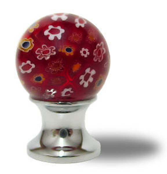 Millefiori Art Glass Knob - Ruby Red w/ Flowers