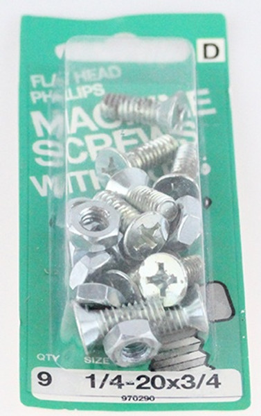 Flat Head Machine Screws w/ Nuts - 1/4-20 x 3/4" - 9 Pack H-970290