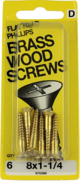 #8 x 1-1/4" Flat Head Brass Wood Screws - 6 Pack H-970386