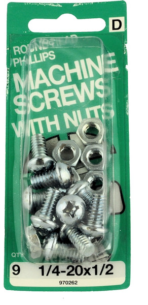 1/4-20 x 1/2" Round Head Machine Screws with Nuts - 9 Pack